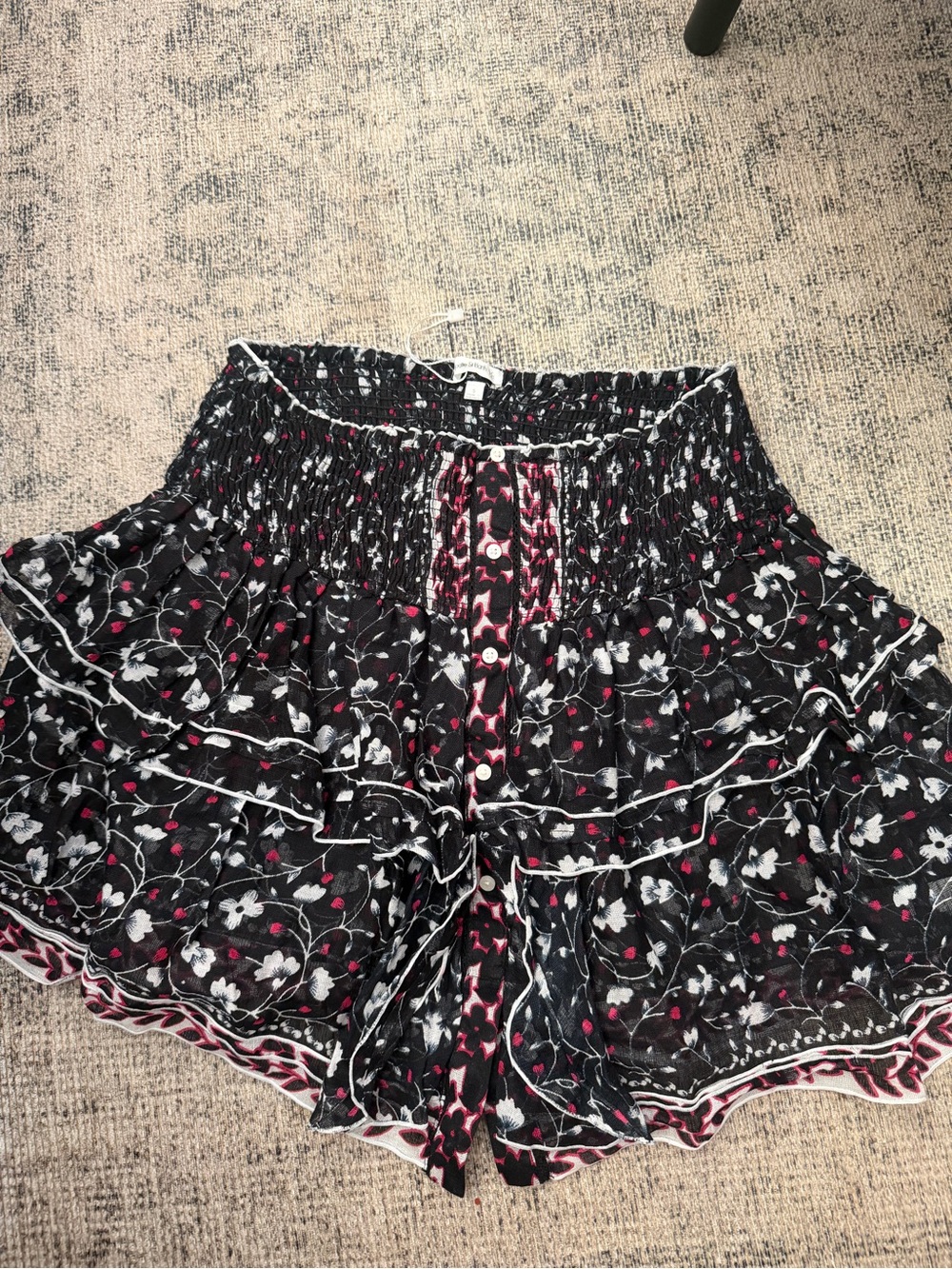 Black Floral Tiered Smocked Waist Skirt.